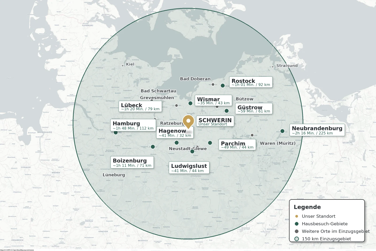 Einzugsgebiet Karte: Goldankauf Hausbesuch im Umkreis von 150 km um Schwerin – Wismar, Rostock, Lübeck, Hamburg, Parchim, Güstrow, Hagenow, Boizenburg, Neubrandenburg