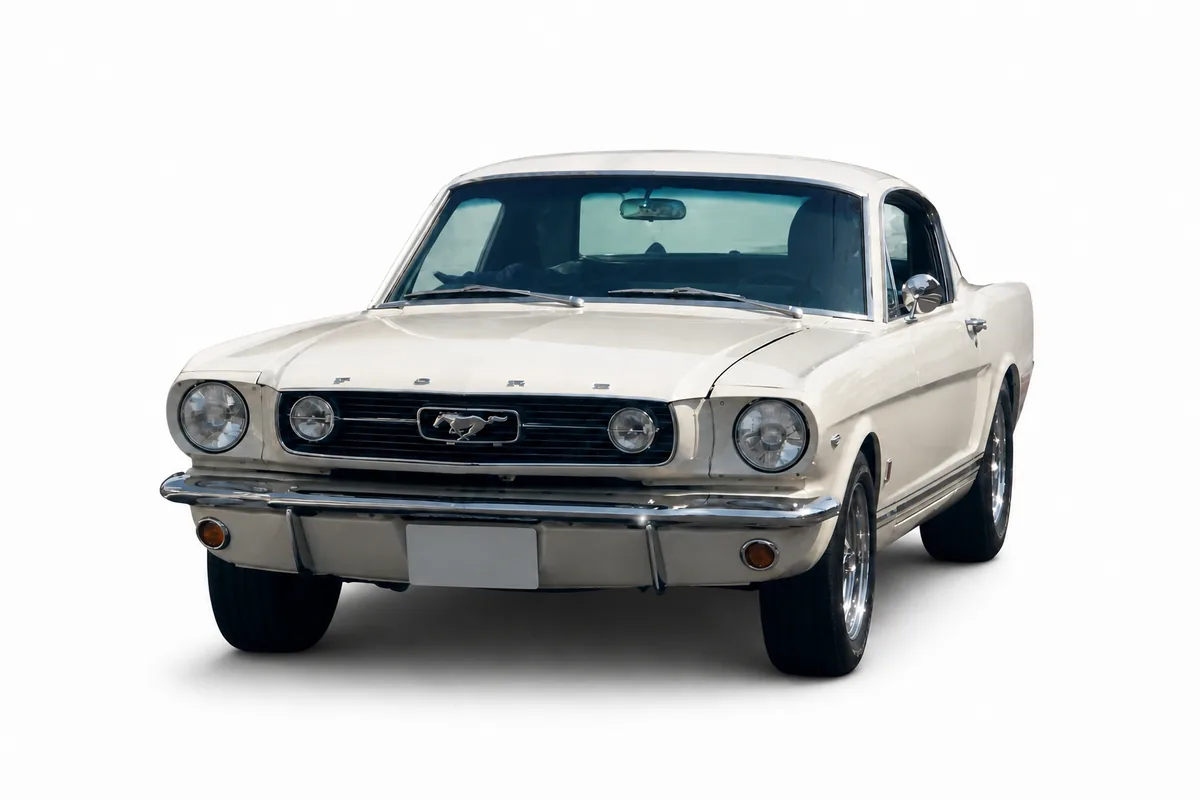 Weißer Ford Mustang von 1966 auf weißem Hintergrund