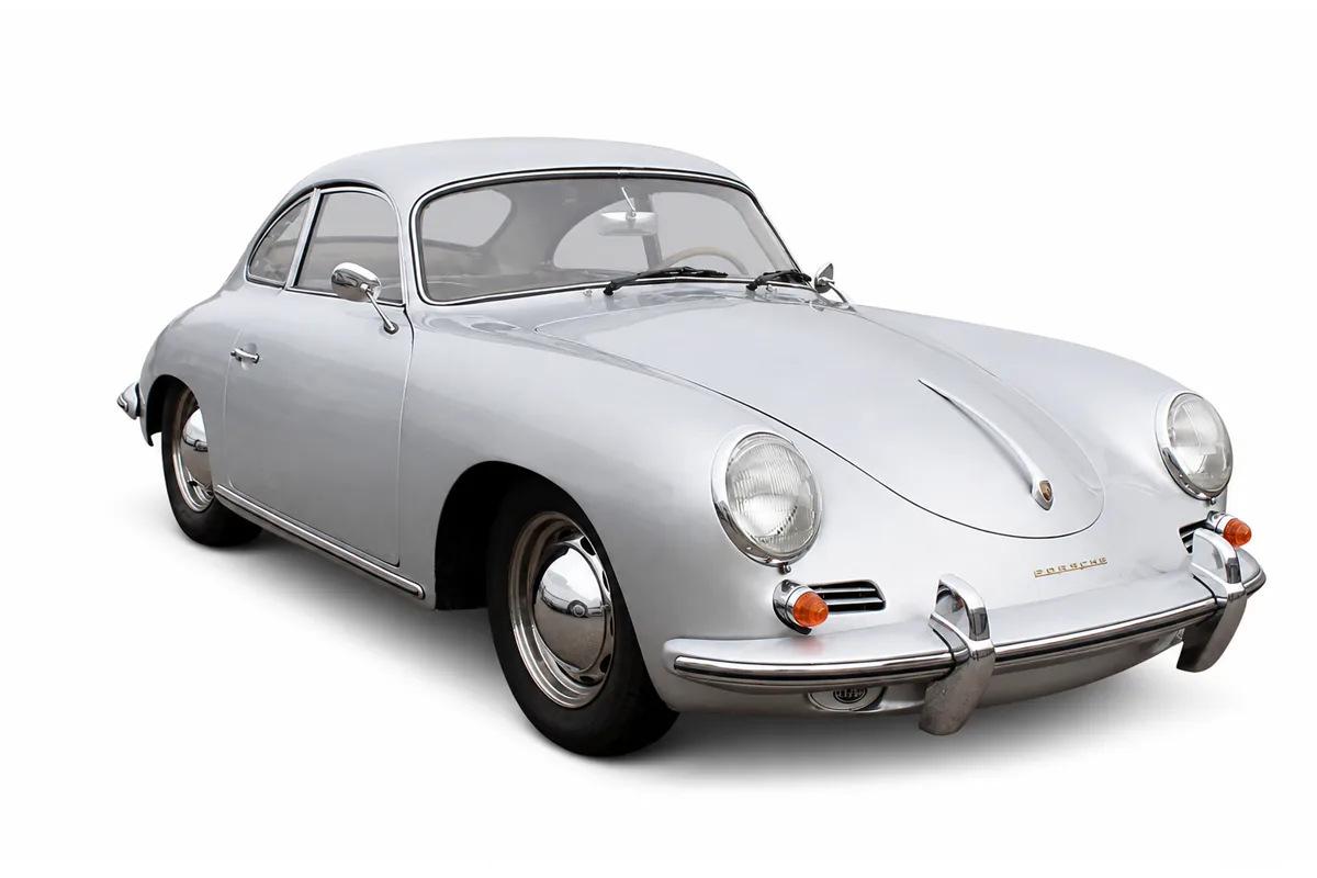 Silberner Porsche 356 Coupé auf weißem Hintergrund